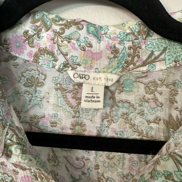 Cato Women’s Short Sleeve Green & Pink Button Up Floral Lace Blouse Sz L GUC - Picture 4 of 8